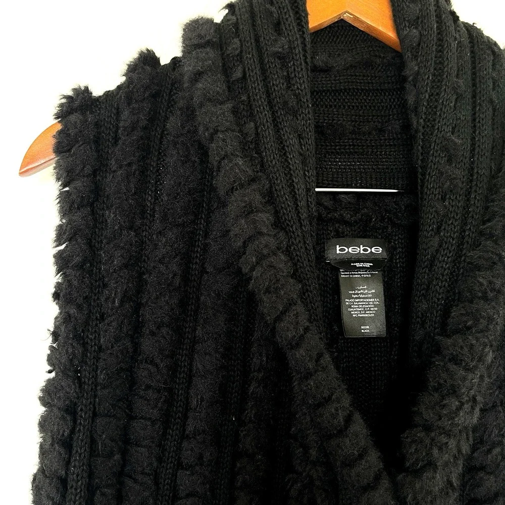 Vintage Y2K Bebe One Size‎ Faux Fur Sweater Vest Black Fringe Goth Grunge 90s
